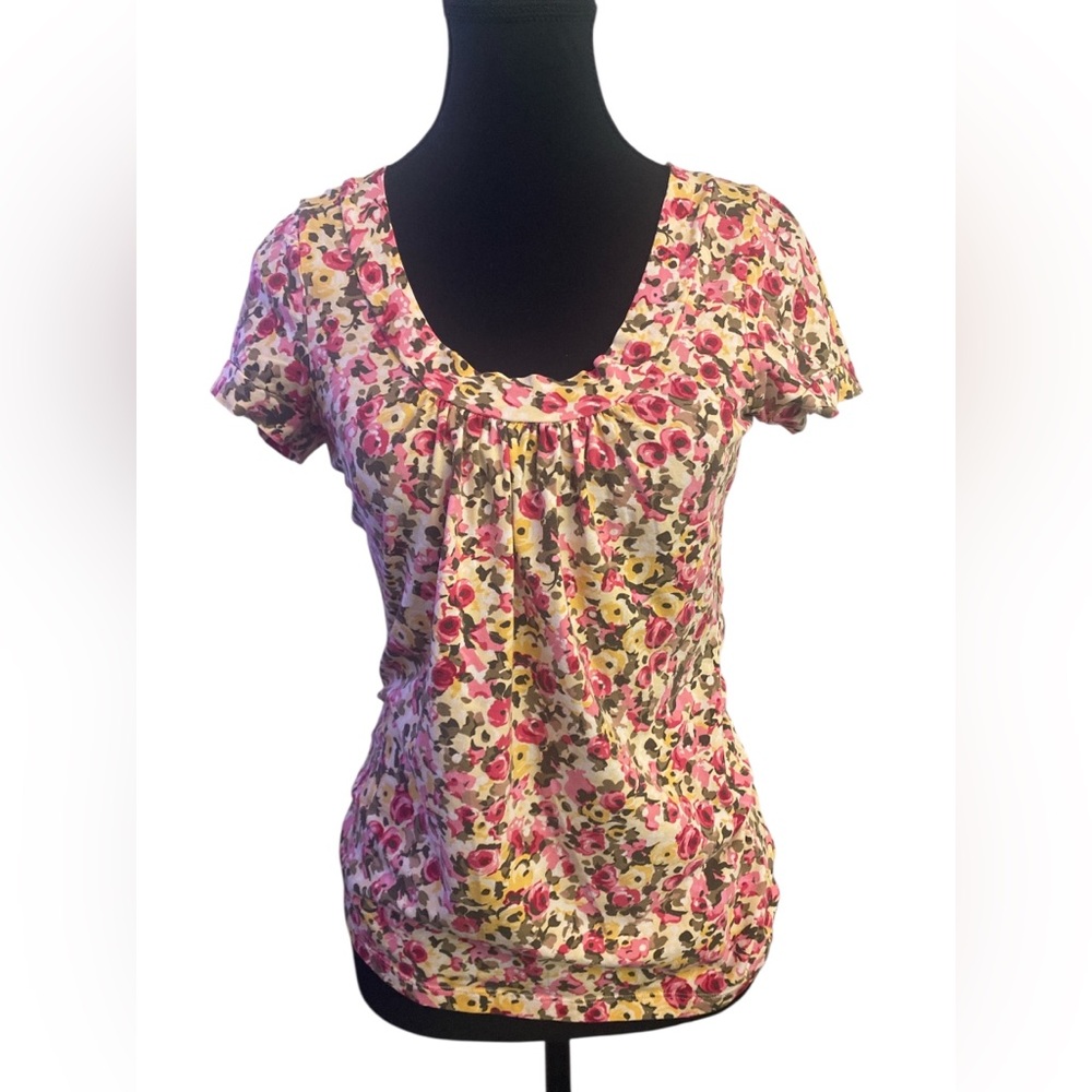 LOFT Pink and Orange Ruched Short Sleeve Blouse S GUC